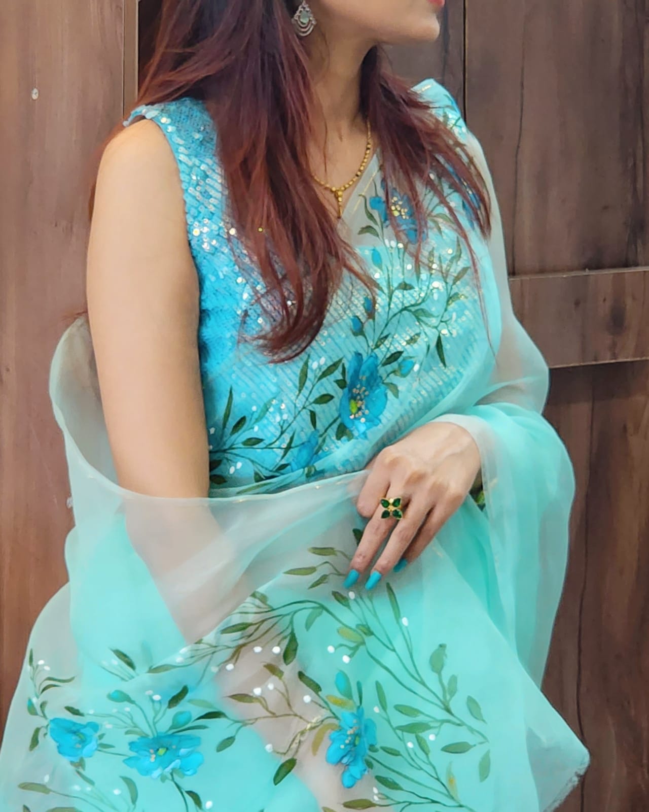 Azure Blossom Organza Silk Saree