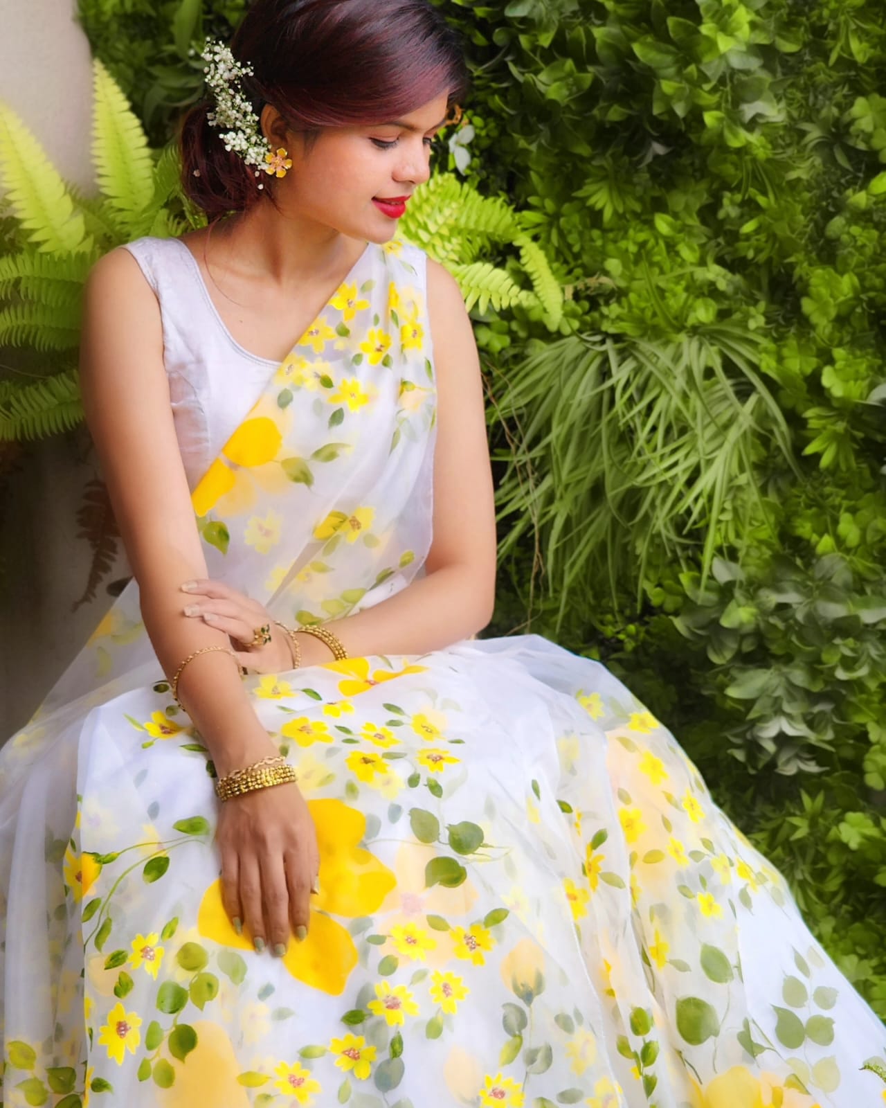 Golden Bloom Hand-Painted White Organza Silk Lehenga with Dupatta & Blouse Fabric