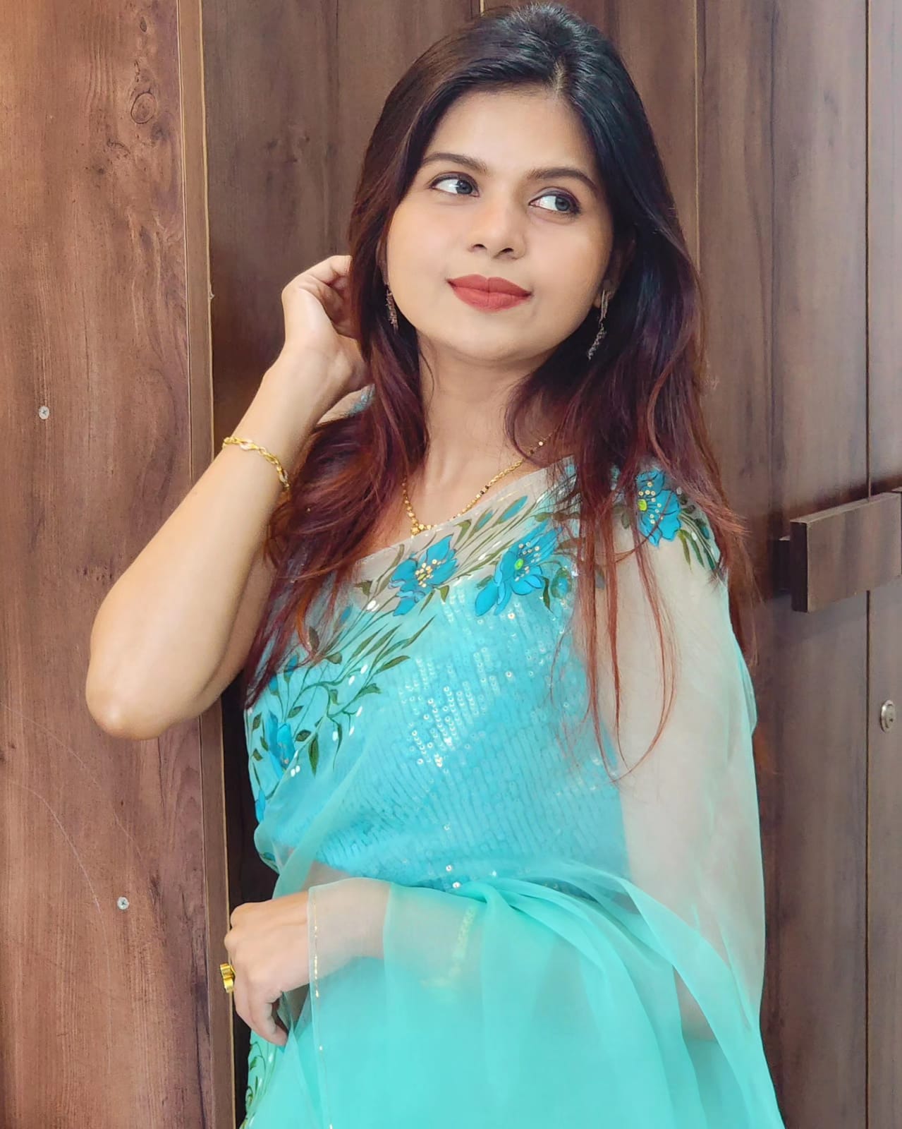 Azure Blossom Handpainted Pure Organza Silk Saree – Ocean Blue Floral
