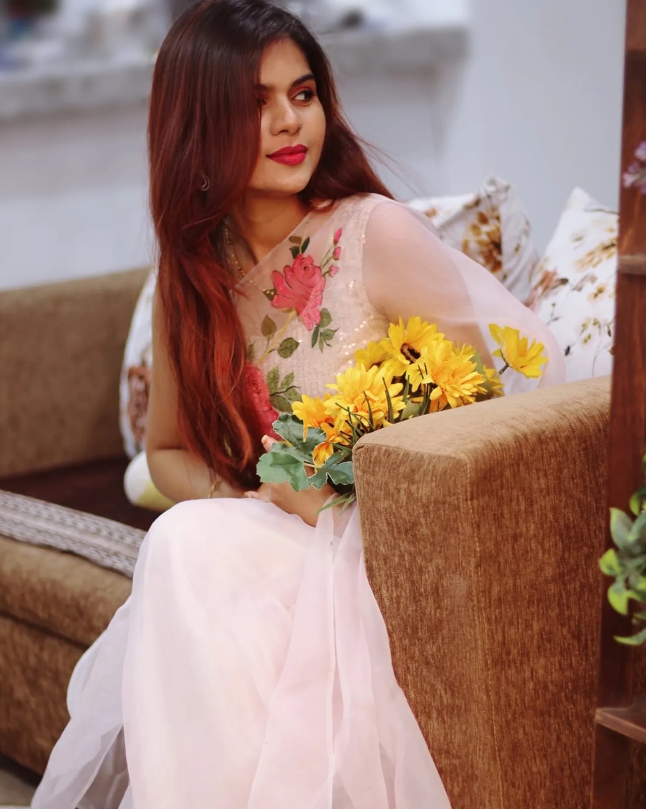 Rose Blush Organza Silk Saree – Pastel Pink with Fuchsia Pink Floral Hand-Painted Design