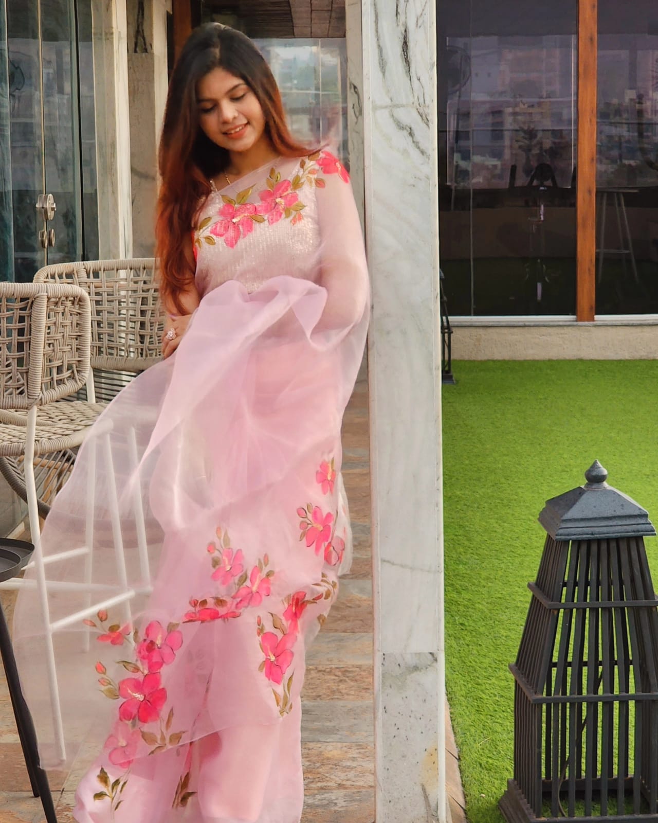 Crimson Hibiscus Hand-Painted Light Pink Organza Silk Saree