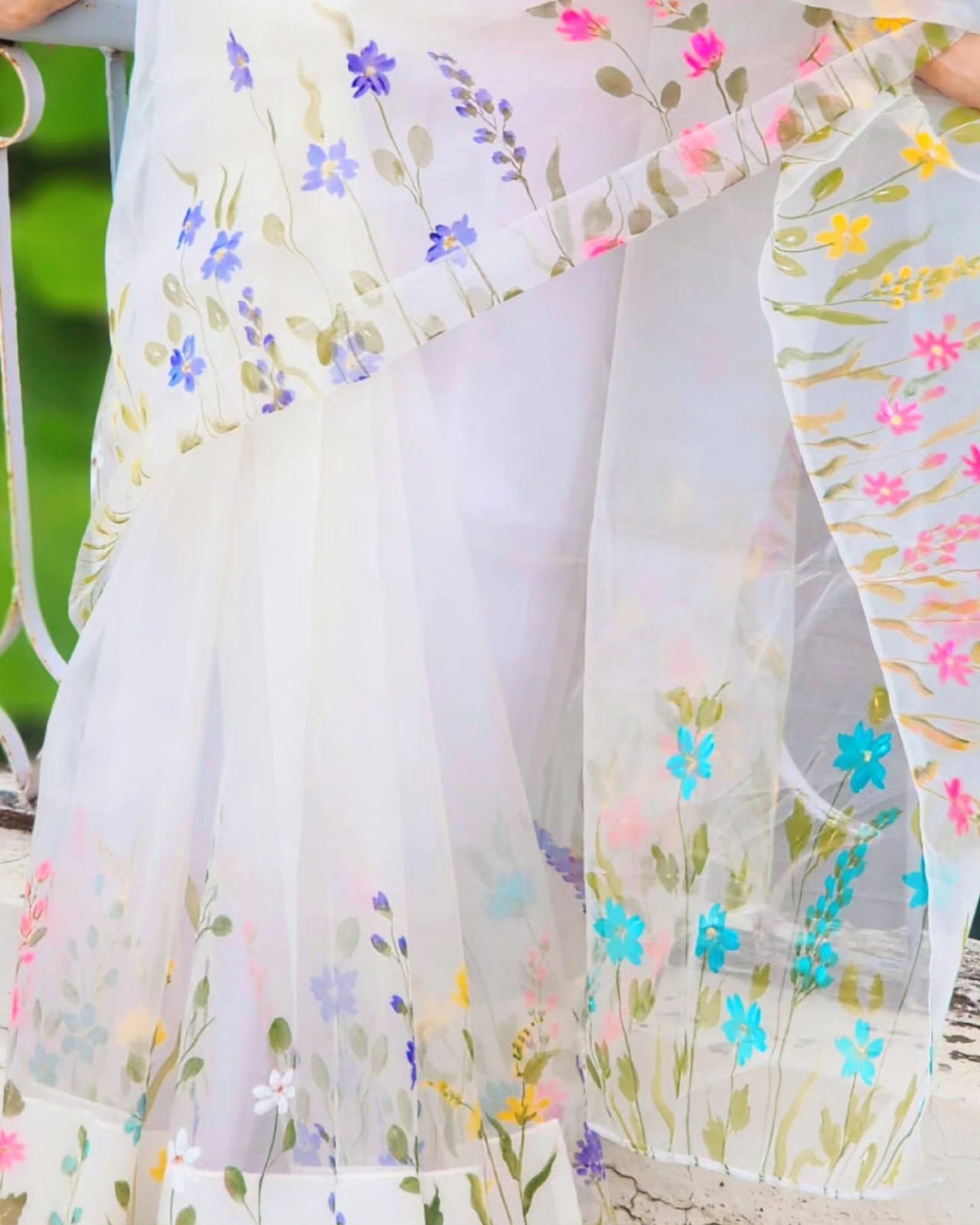 Ivory Garden Bloom Handpainted Organza Silk Saree