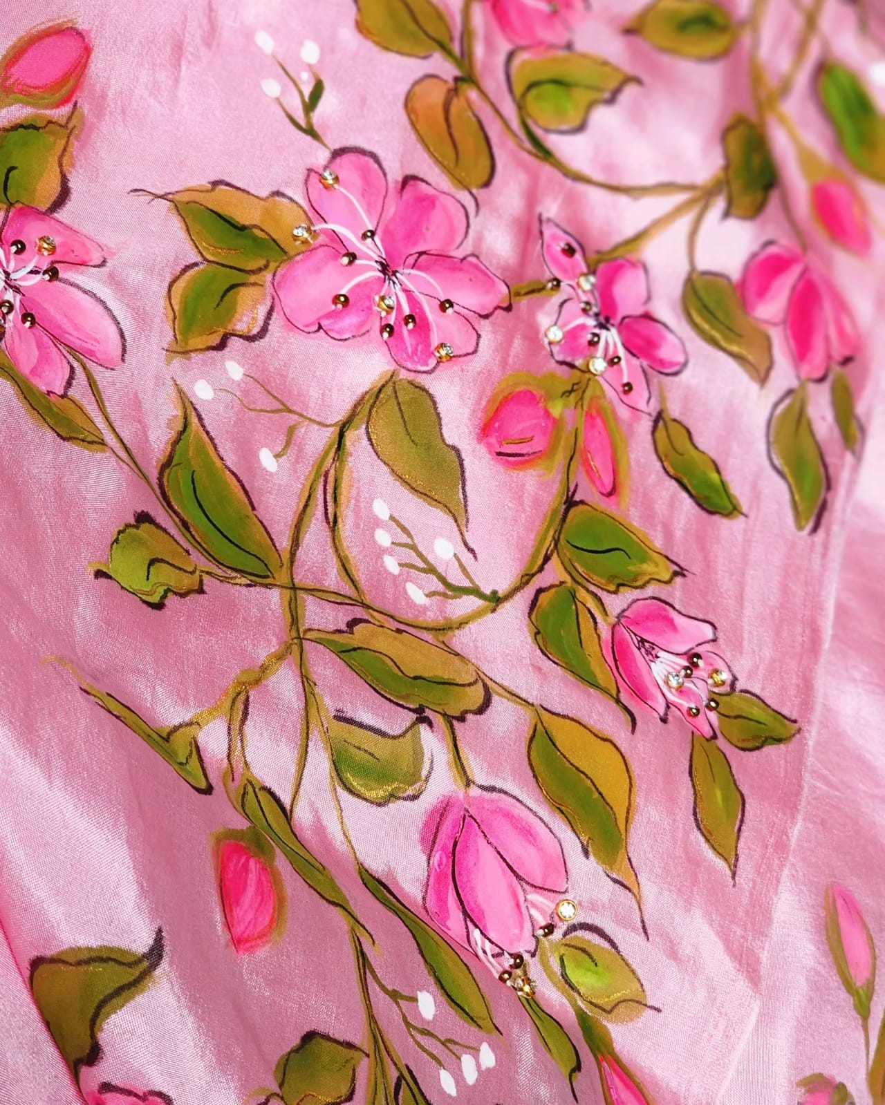 Cherry Blossom Hand-Painted & Embroidered Pure Silk Saree – Baby Pink