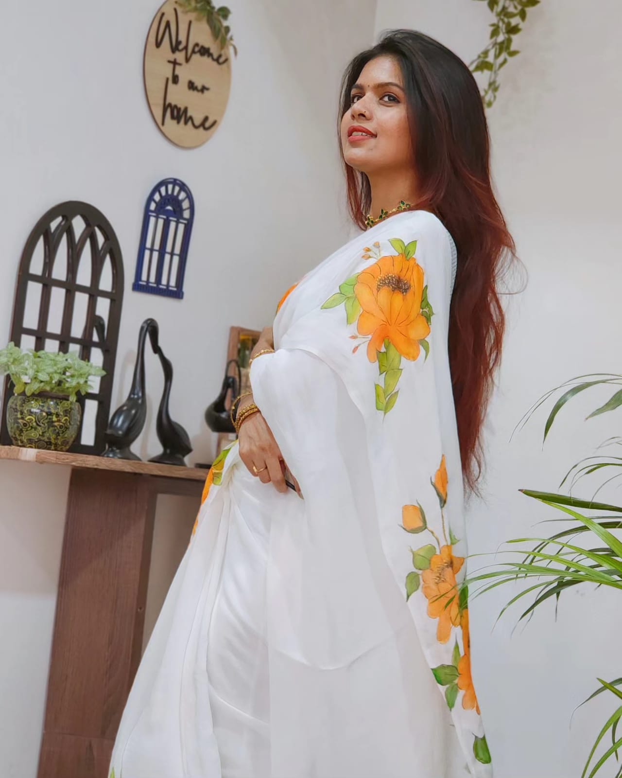 Tangerine Bloom Hand-Painted Crepe Silk Saree – White with Vibrant Orange Peonies