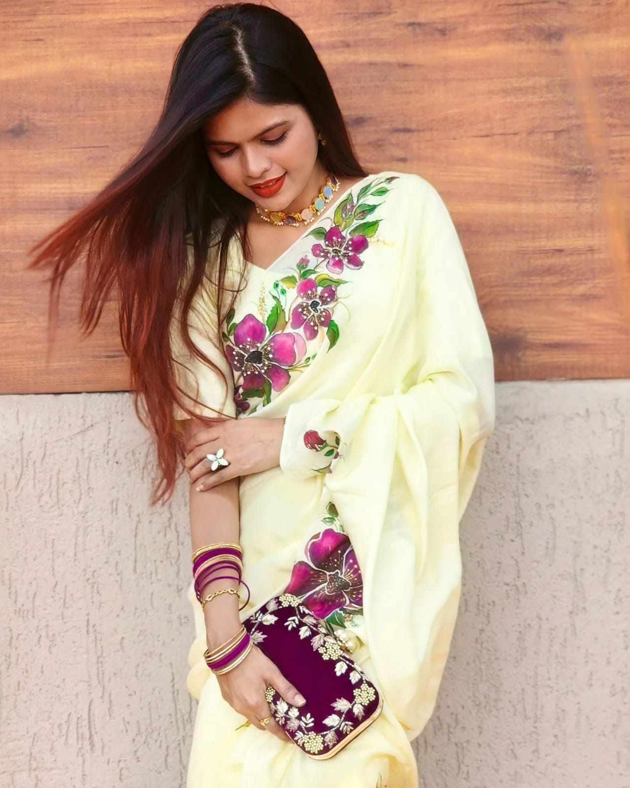 Plum Blossom Lemon Yellow Pure Silk Hand-Painted Saree with Floral Embroidery – Pradnya Handpainted