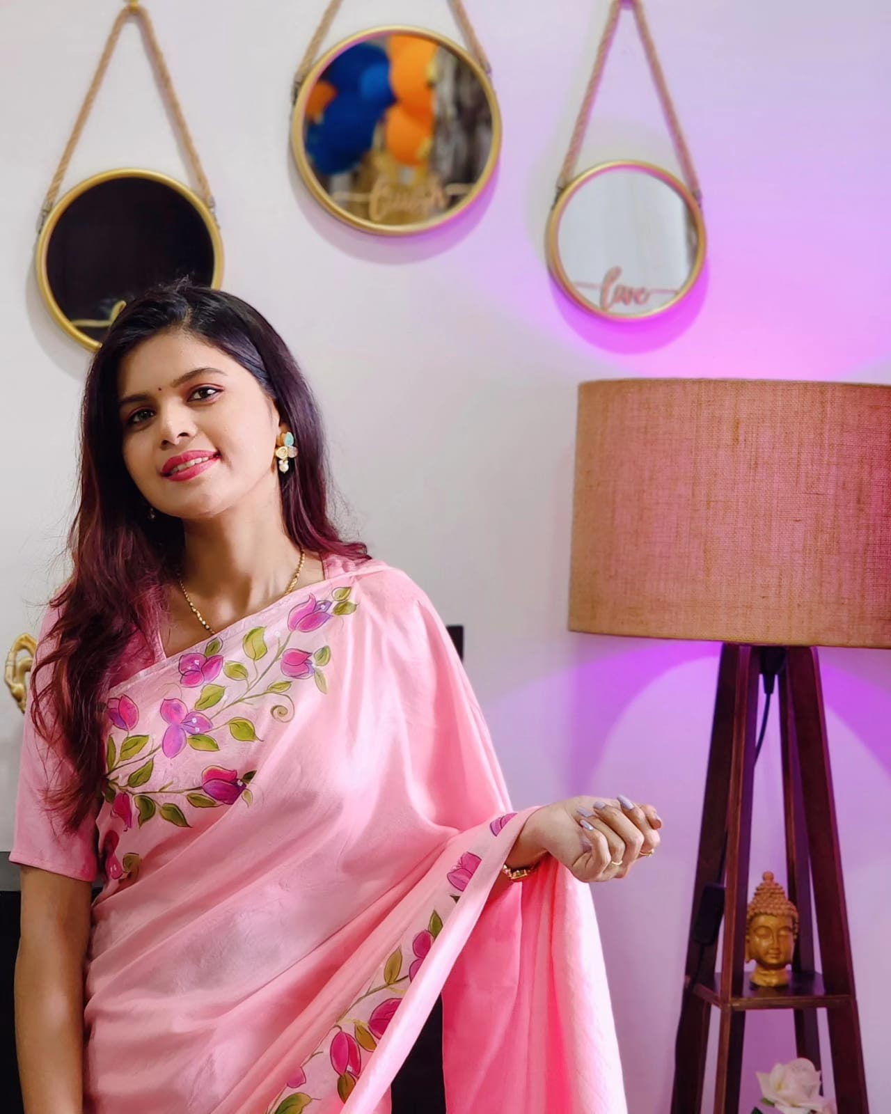 Bougainvillea Bliss Hand Painted Pure Silk Saree – Powder Pink Floral