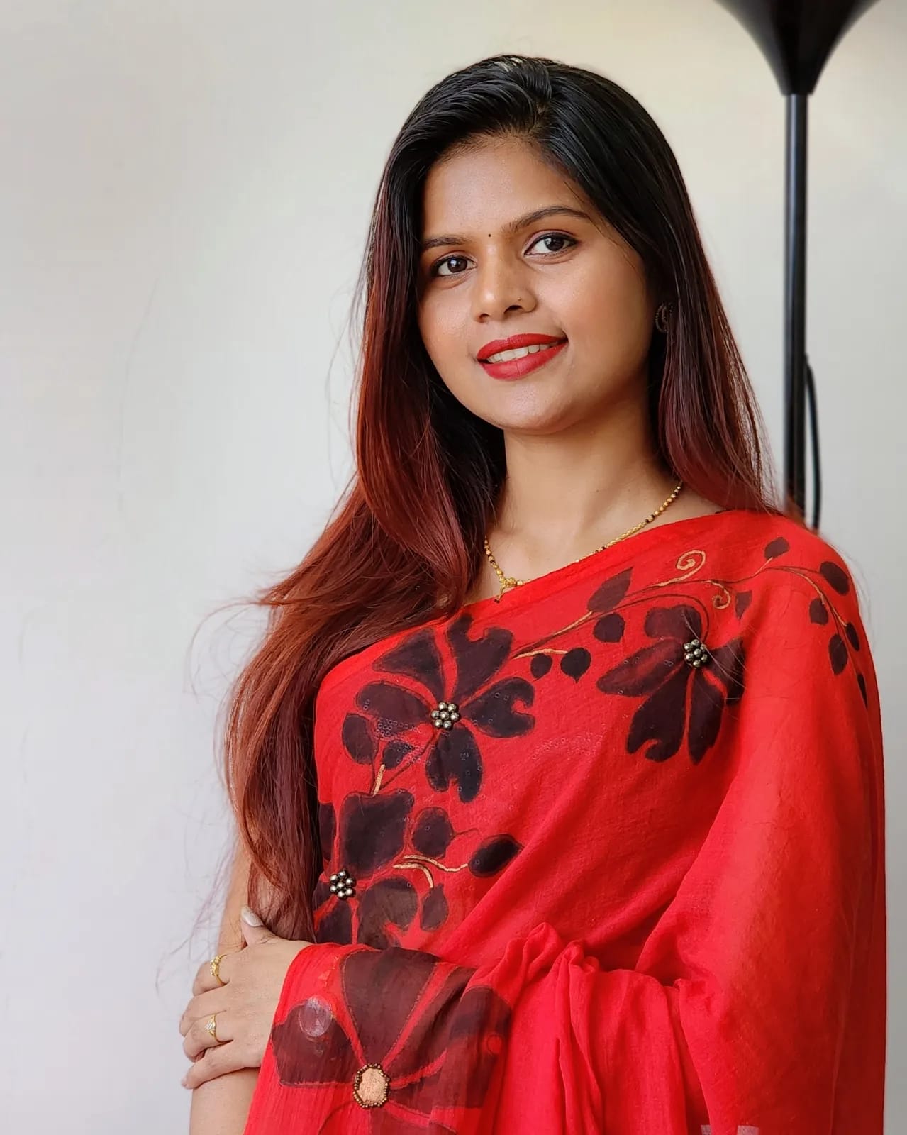 Scarlet Serenity Pure Mul Cotton Hand-Painted Saree with Floral Embroidery