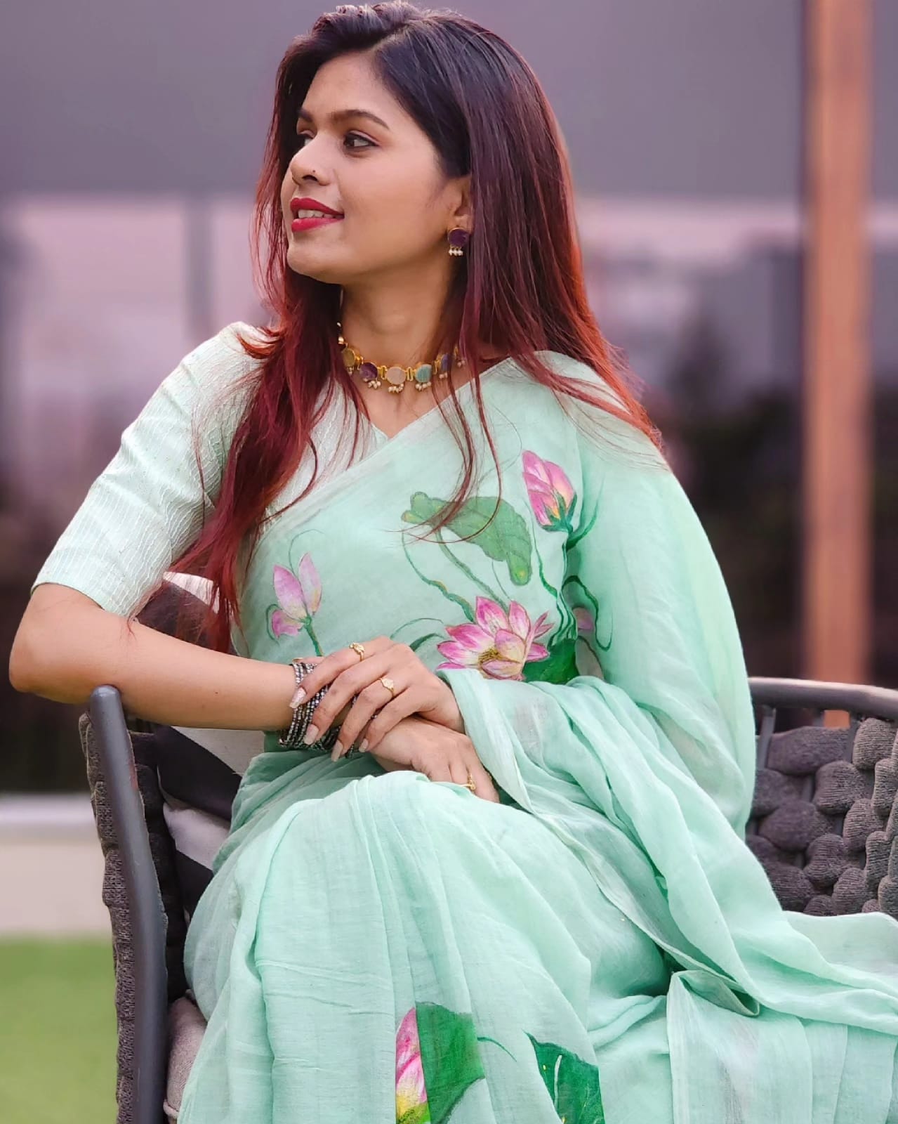 Emerald Lotus Serenity Pure Mul Cotton Hand Painted Saree – Pista Green