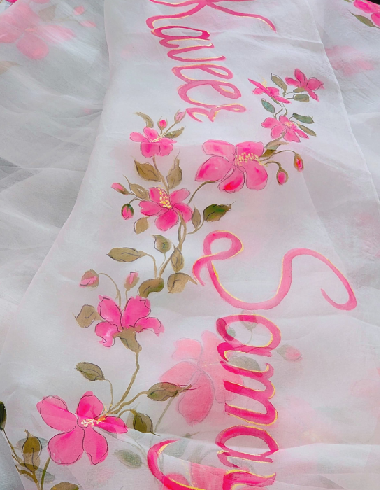 Pradnya Handpainted Pure Silk Organza Dupatta – Blue Floral Hand-Painted (5.5 Mtrs)