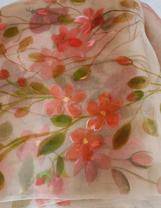 Cinnamon Floral Hand-Painted Organza Silk Dupatta by Pradnya Handpainted