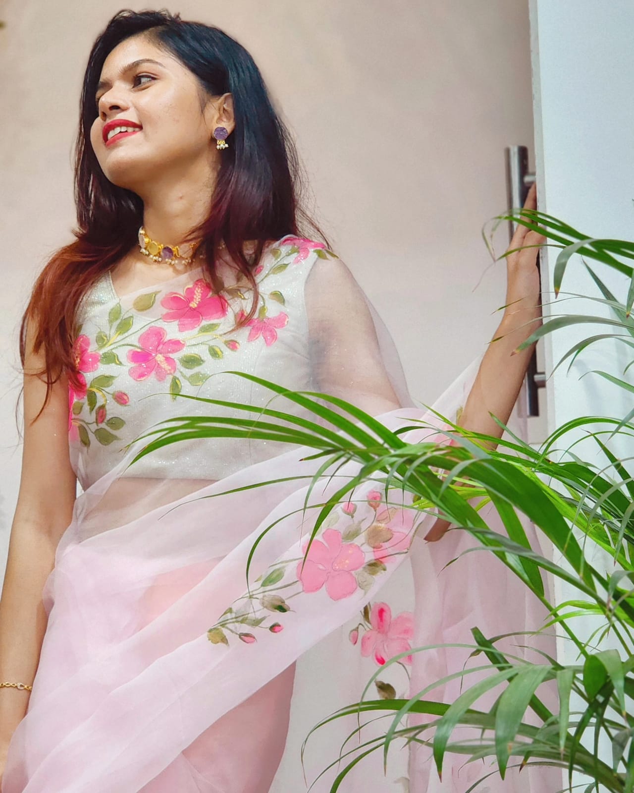 Blush Pink Hibiscus Hand-Painted Pure Organza Silk Saree