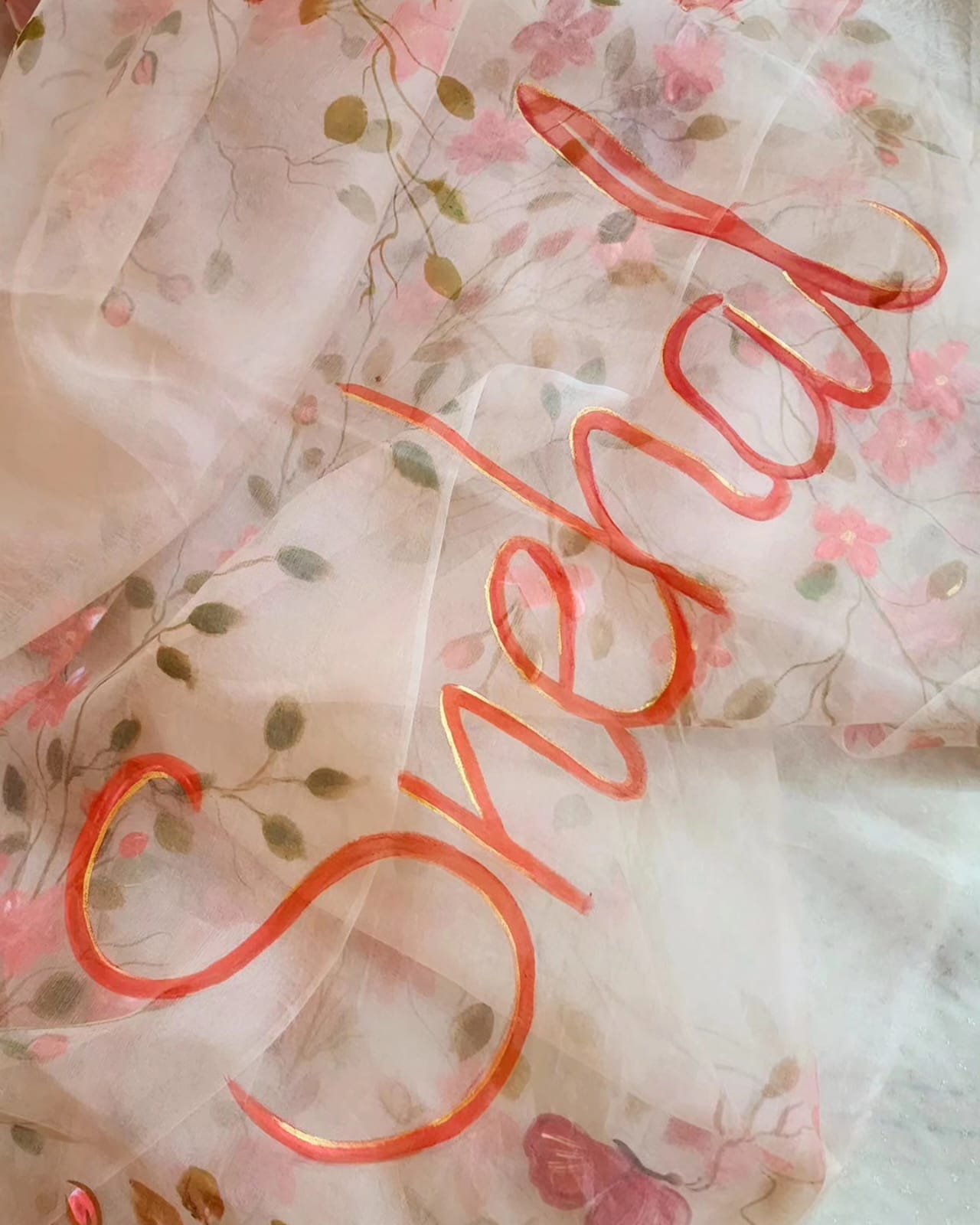  Personalised Hand-Painted Floral Saree – Pure Organza Silk