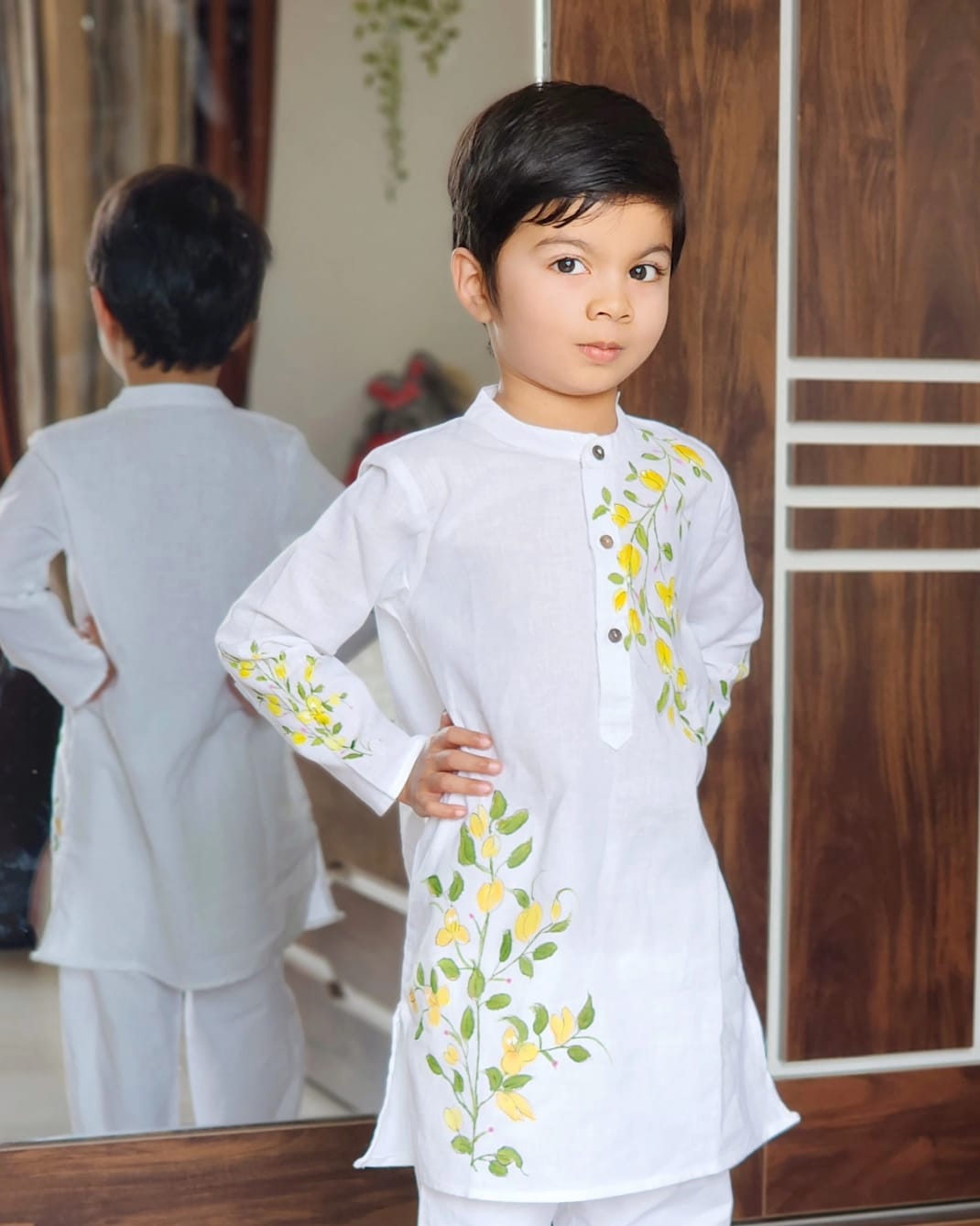 Floral Kids Kurta with Pure Cotton Trouser – Customizable Hand-Painted Ethnic Wear