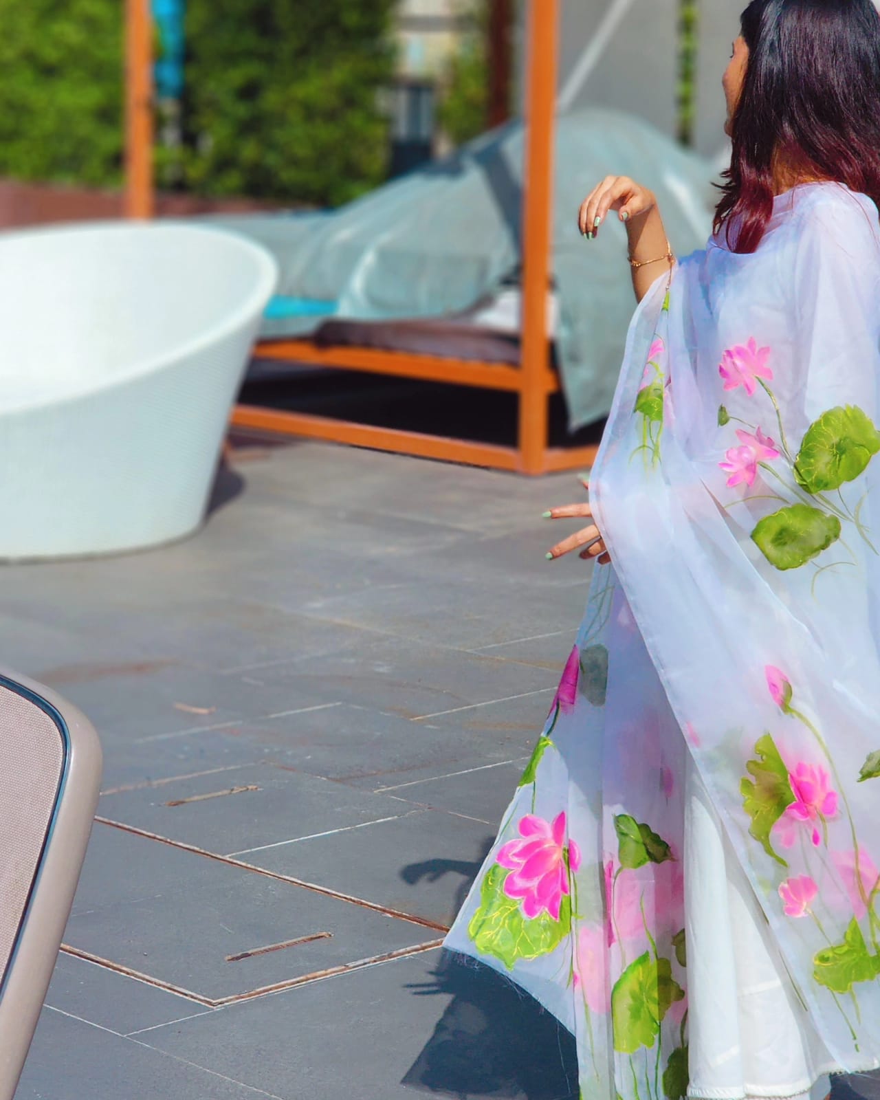 Lotus Pond Handpainted Organza Silk Dupatta – Floral Design