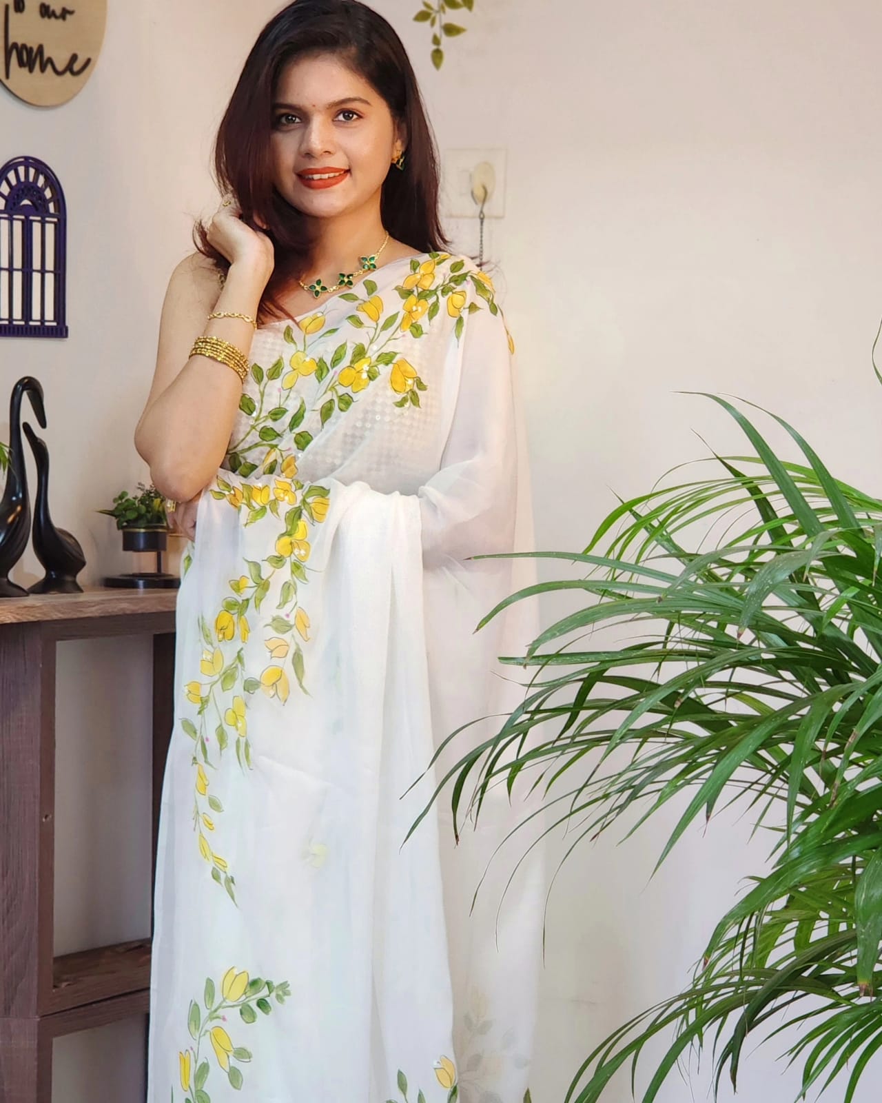 Plain Silk Chiffon Saree – White Bougainvillea Floral Hand Painted