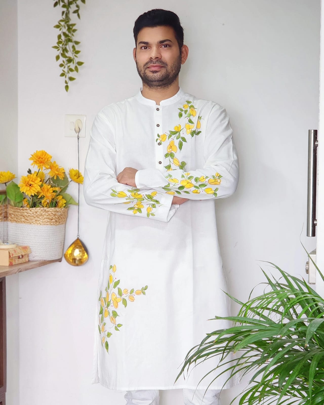 Customizable Floral Hand-Painted Pure Cotton Kurta for Men