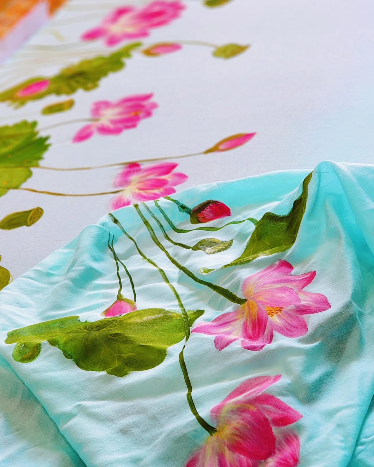 Lotus Pond Saree – Pure Mul Cotton, Sky Blue Floral Hand-Painted