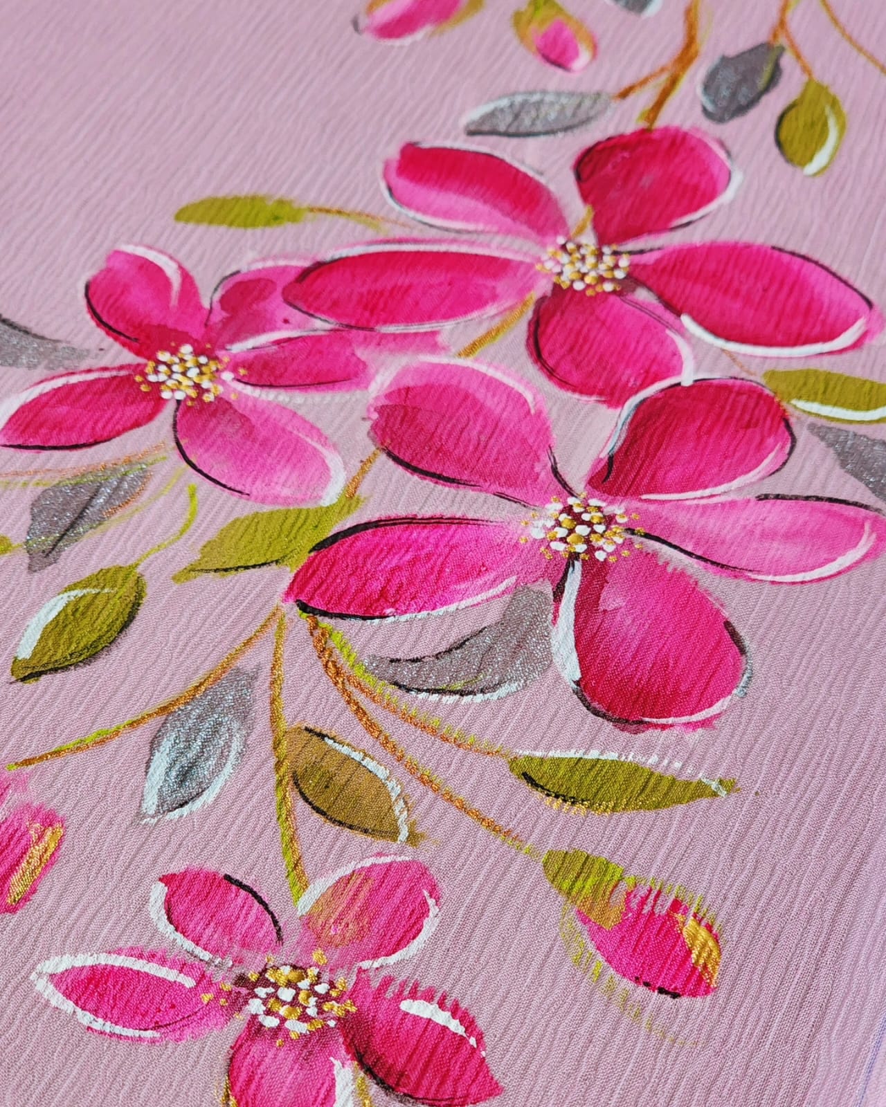 Pradnya Handpainted Powder Pink Chiffon Saree – Hand Painted Floral Design