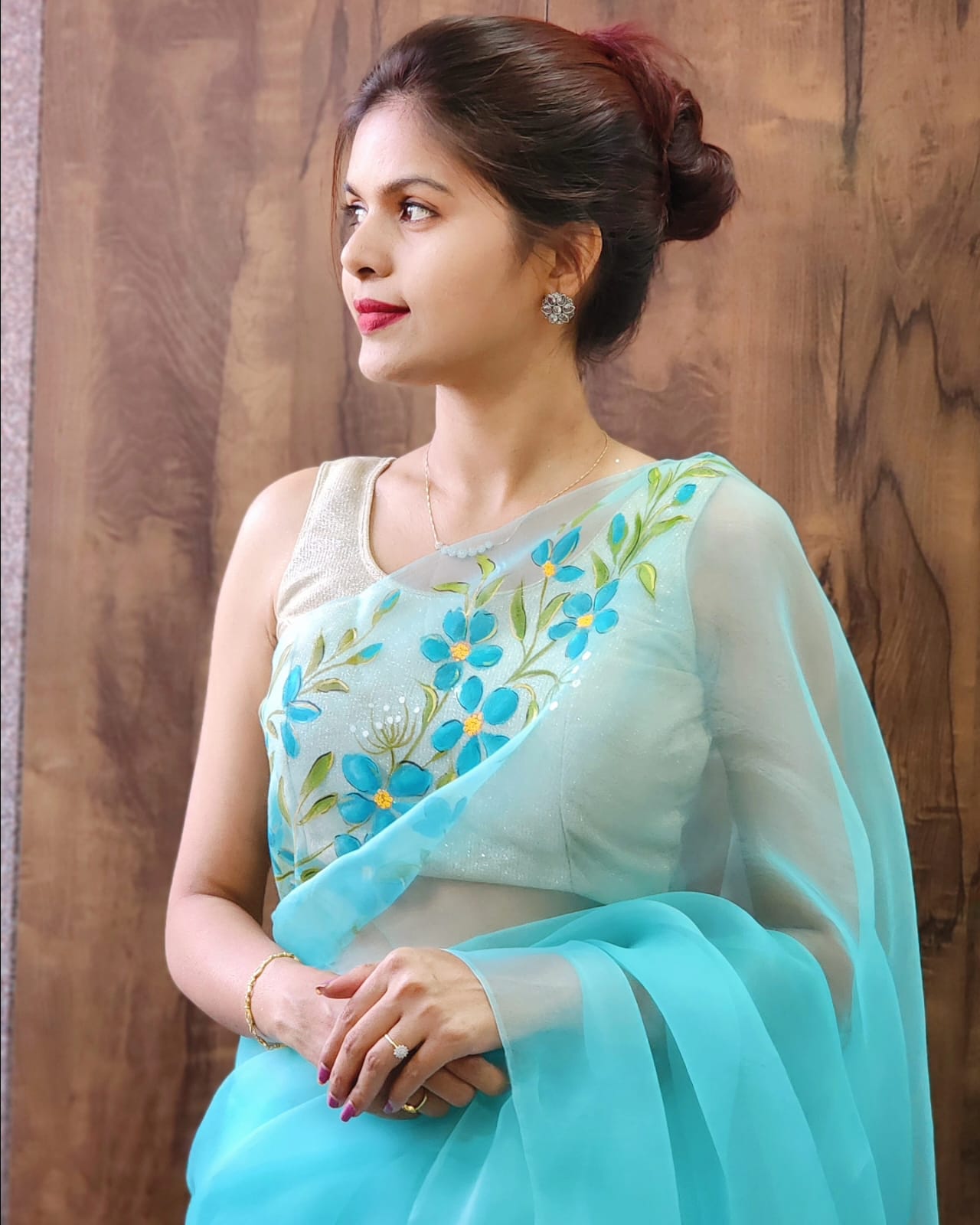 Aqua Blue Pure Organza Silk Hand-Painted Saree with Teal Blue Floral Motif