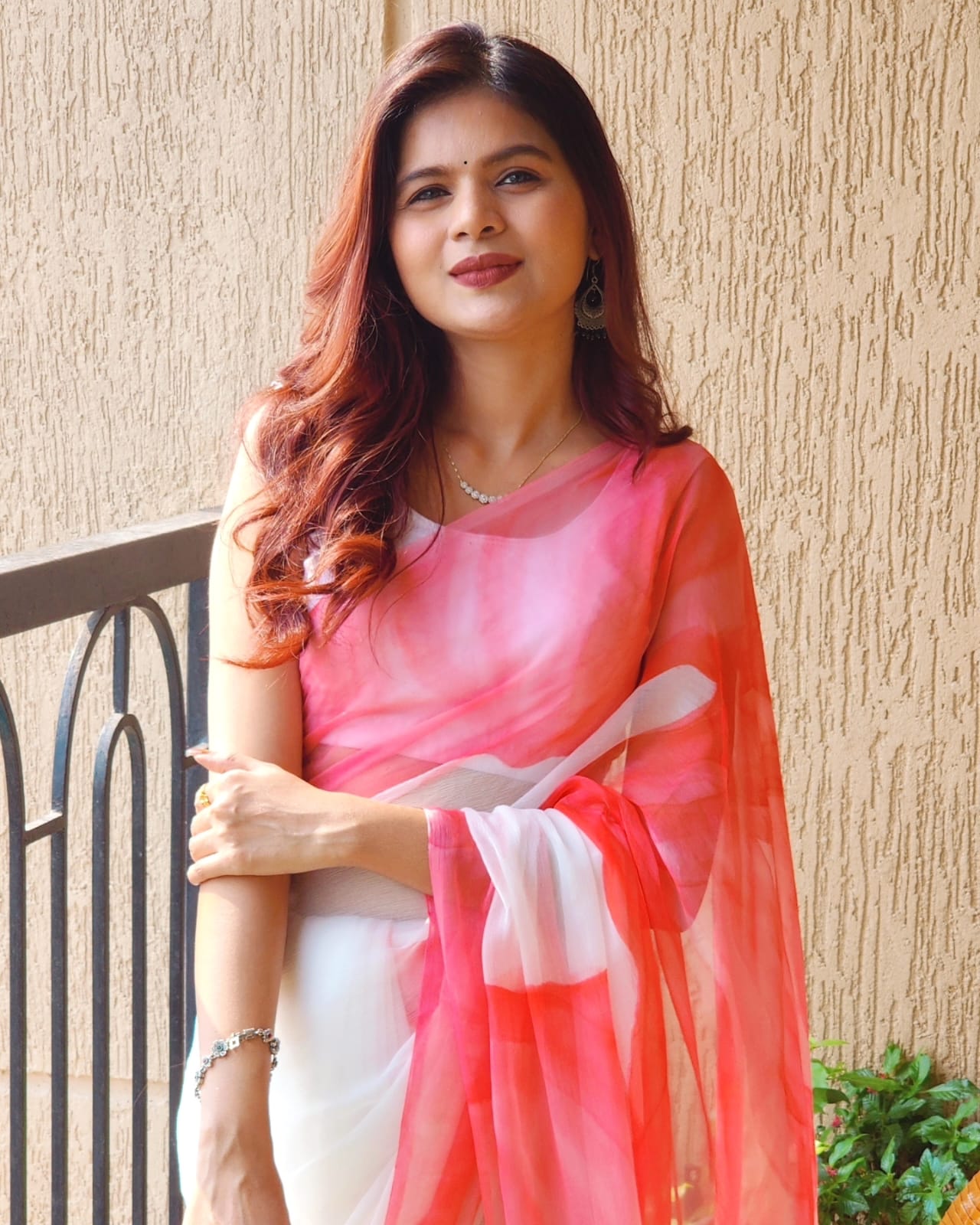Alia Inspired Hand-Painted White Chiffon Saree with Abstract Pink Brush Strokes