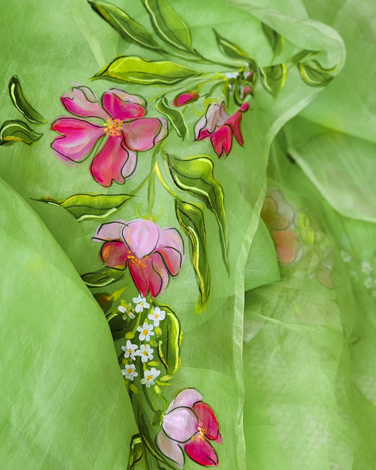 Sheen Green Hand Painted Pure Organza Saree – Floral Print 