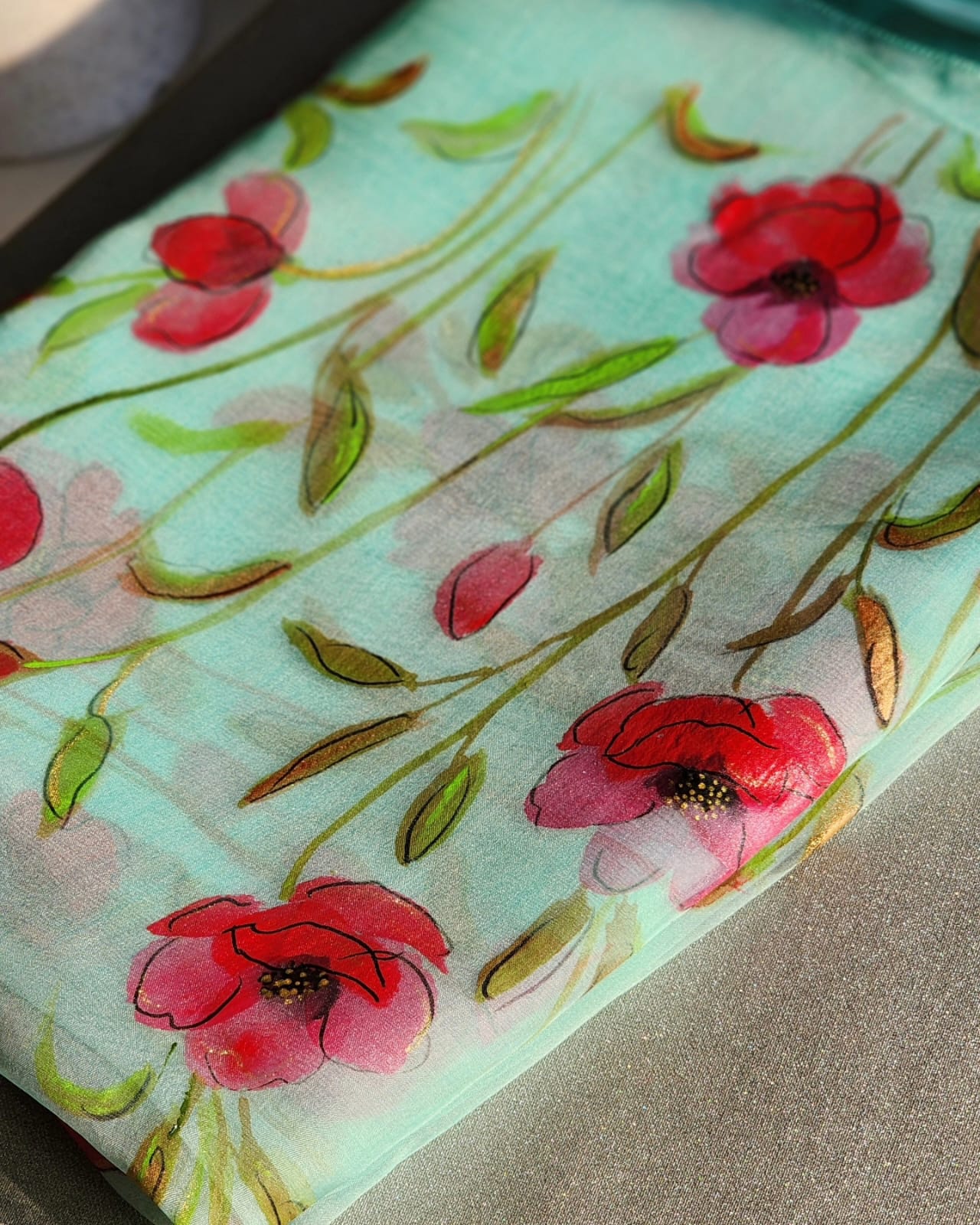 Ocean Green Pure Organza Hand-Painted Floral Saree with Metallic Highlights 