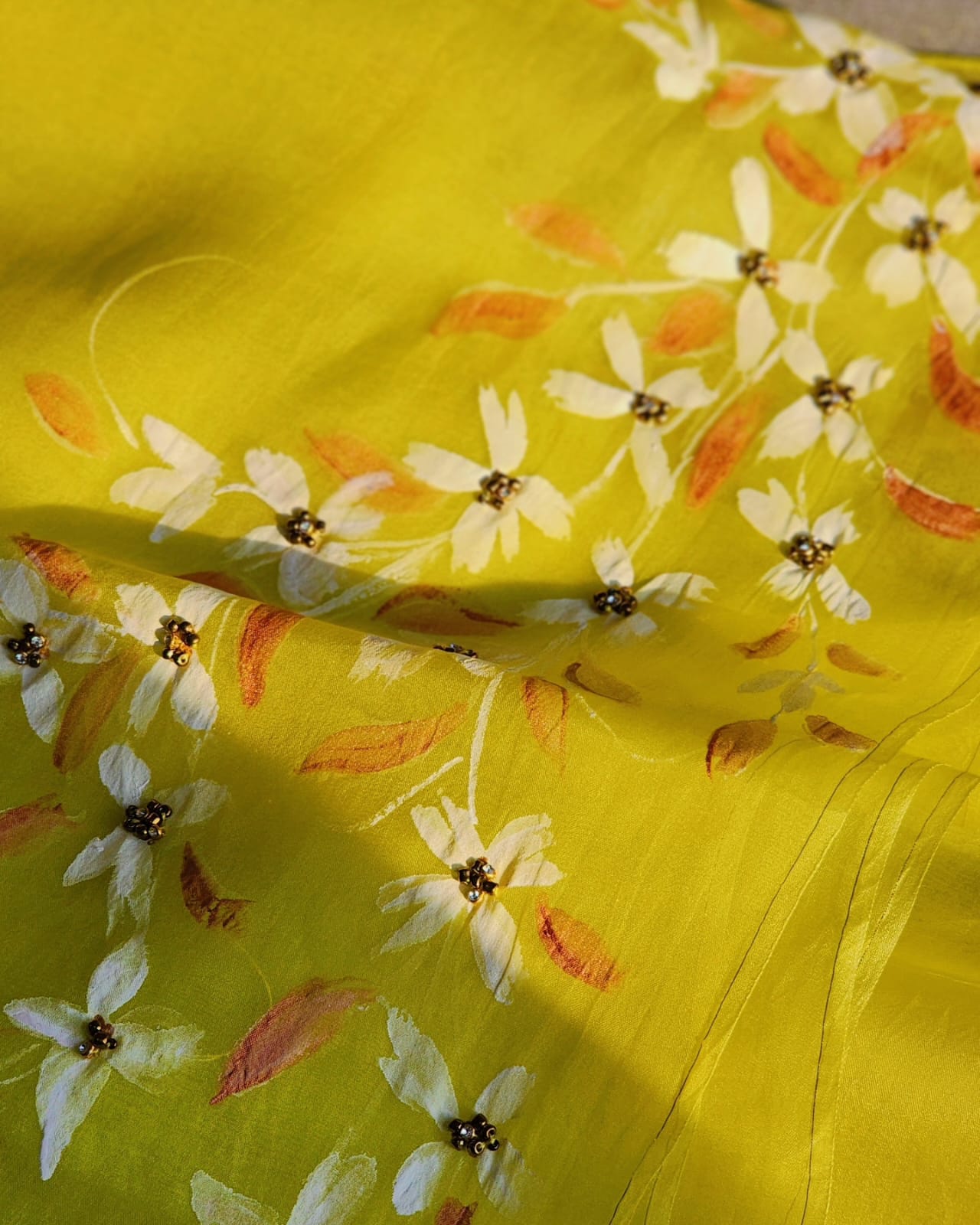 Pradnya Handpainted Lemon Yellow Floral Organza Silk Saree