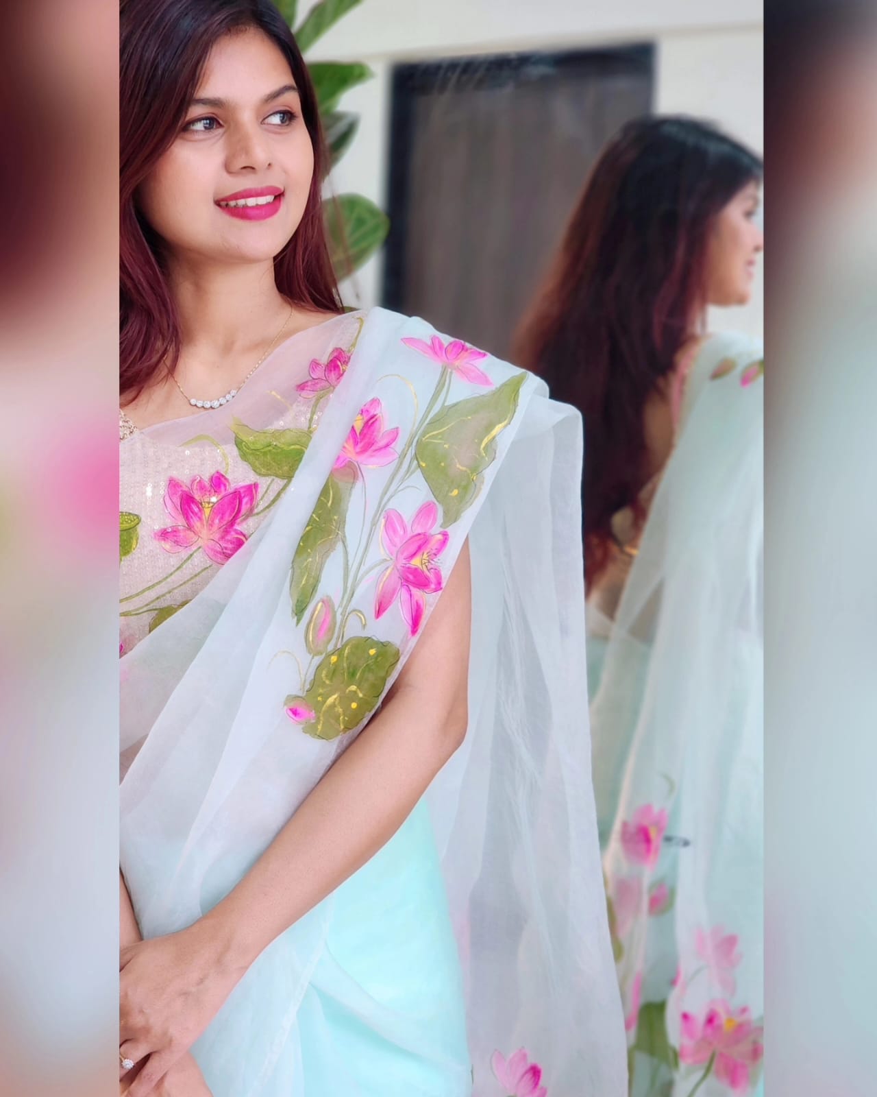Pradnya Handpainted Lotus Pond Hand-Painted Pure Organza Silk Saree – Ocean Green Floral