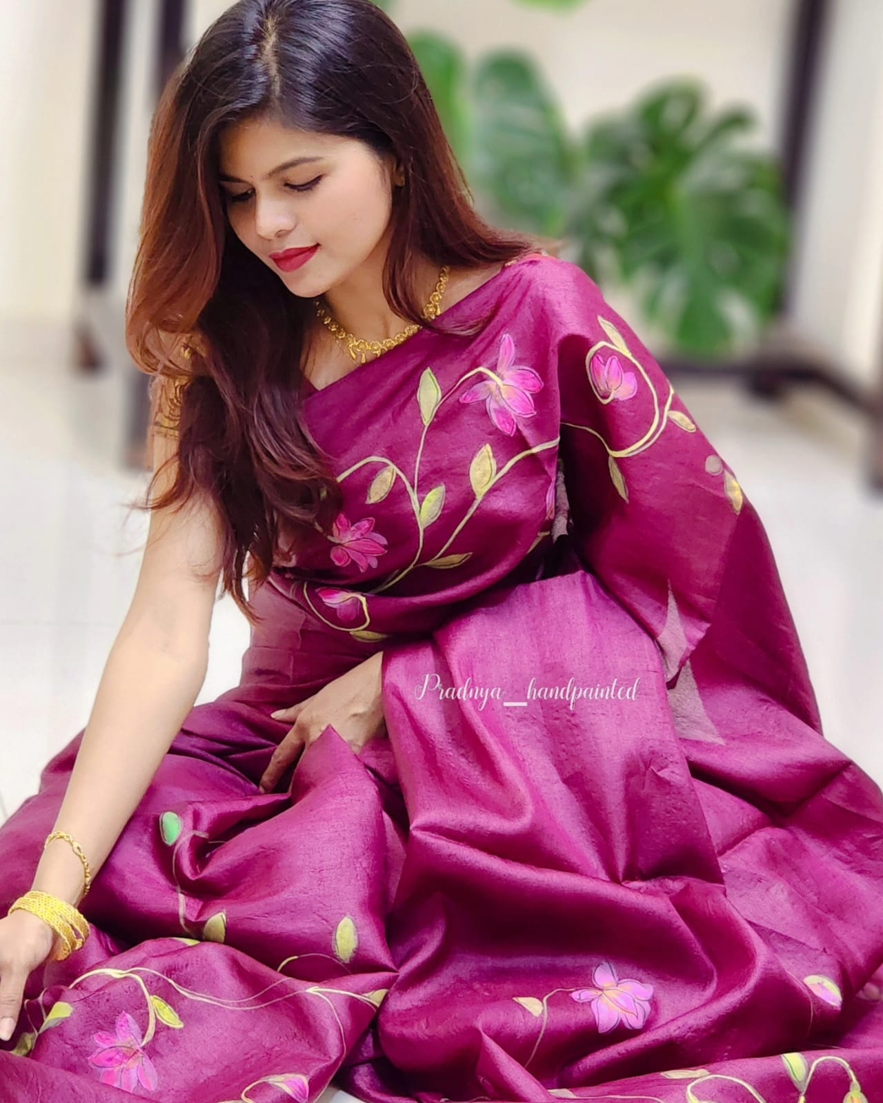Pradnya Handpainted Burgundy Raw Silk Saree with Handpainted Lotus Motifs