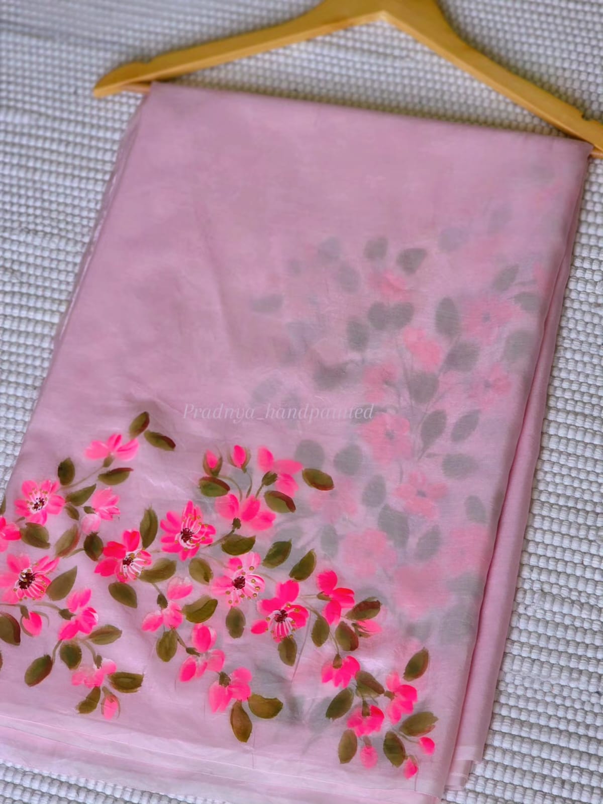 Cherry Blossom Handpainted Pure Silk Saree – Pastel Pink with Fuchsia Floral Art