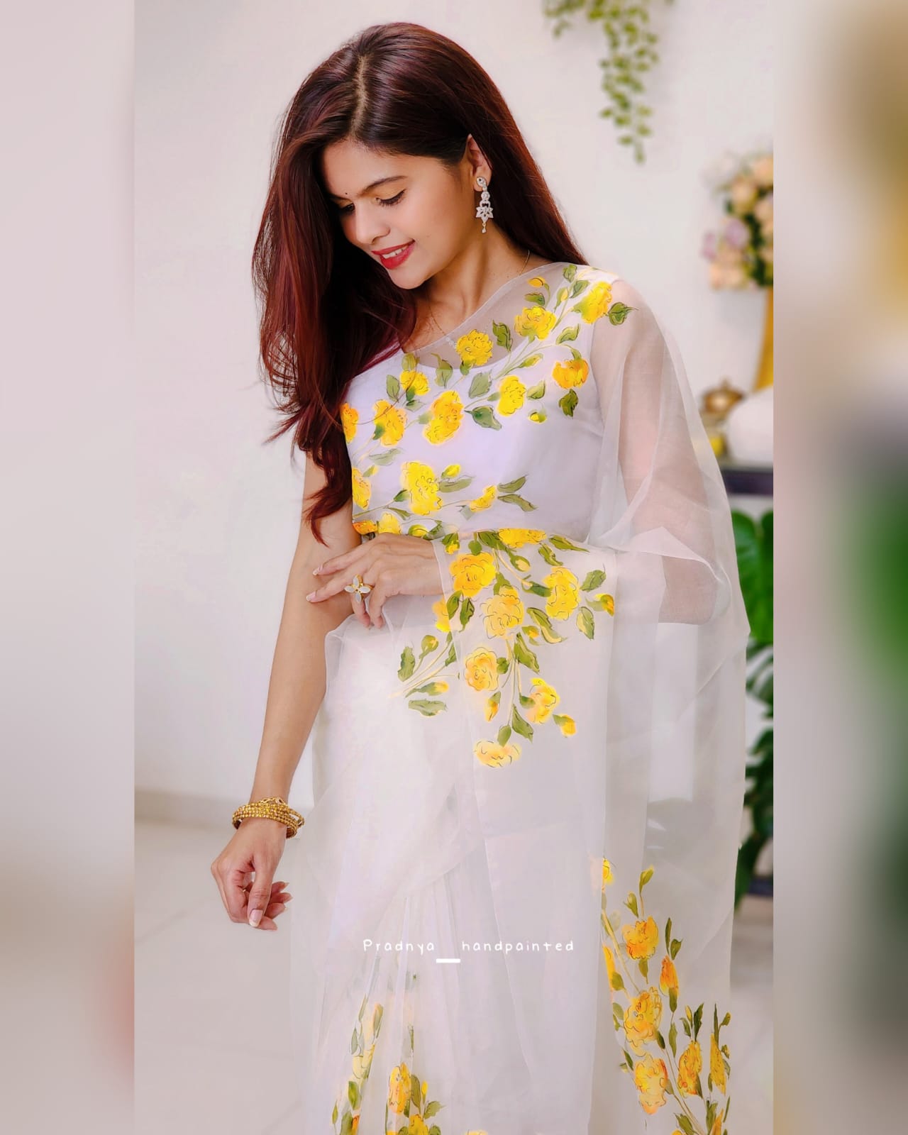 Marigold Organza Saree – Handpainted Pure Organza Saree for Haldi & Wedding Ceremonies