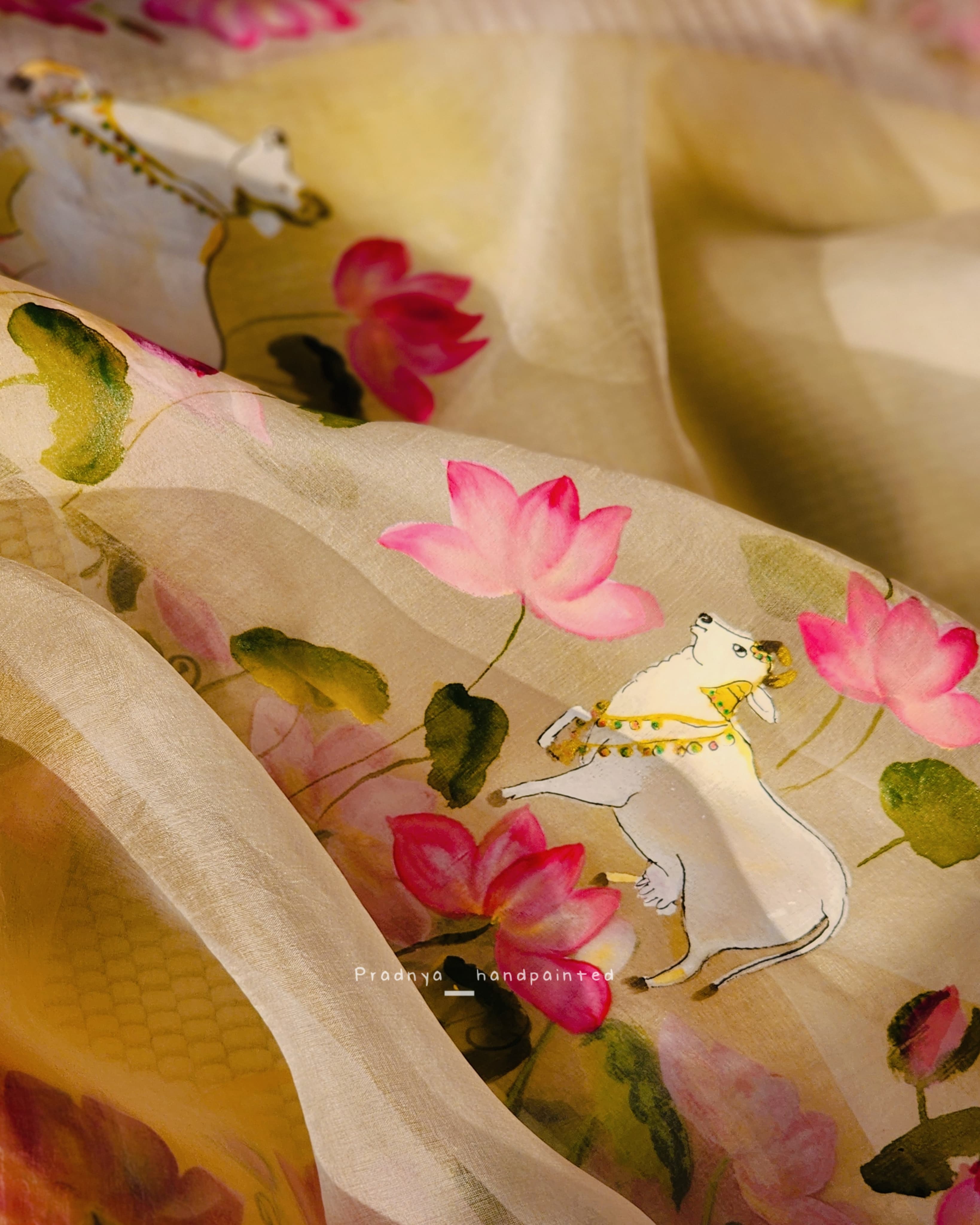 Ombre Lotus Lehenga – Pure Organza, Hand-Painted Floral, Golden Yellow & Ivory
